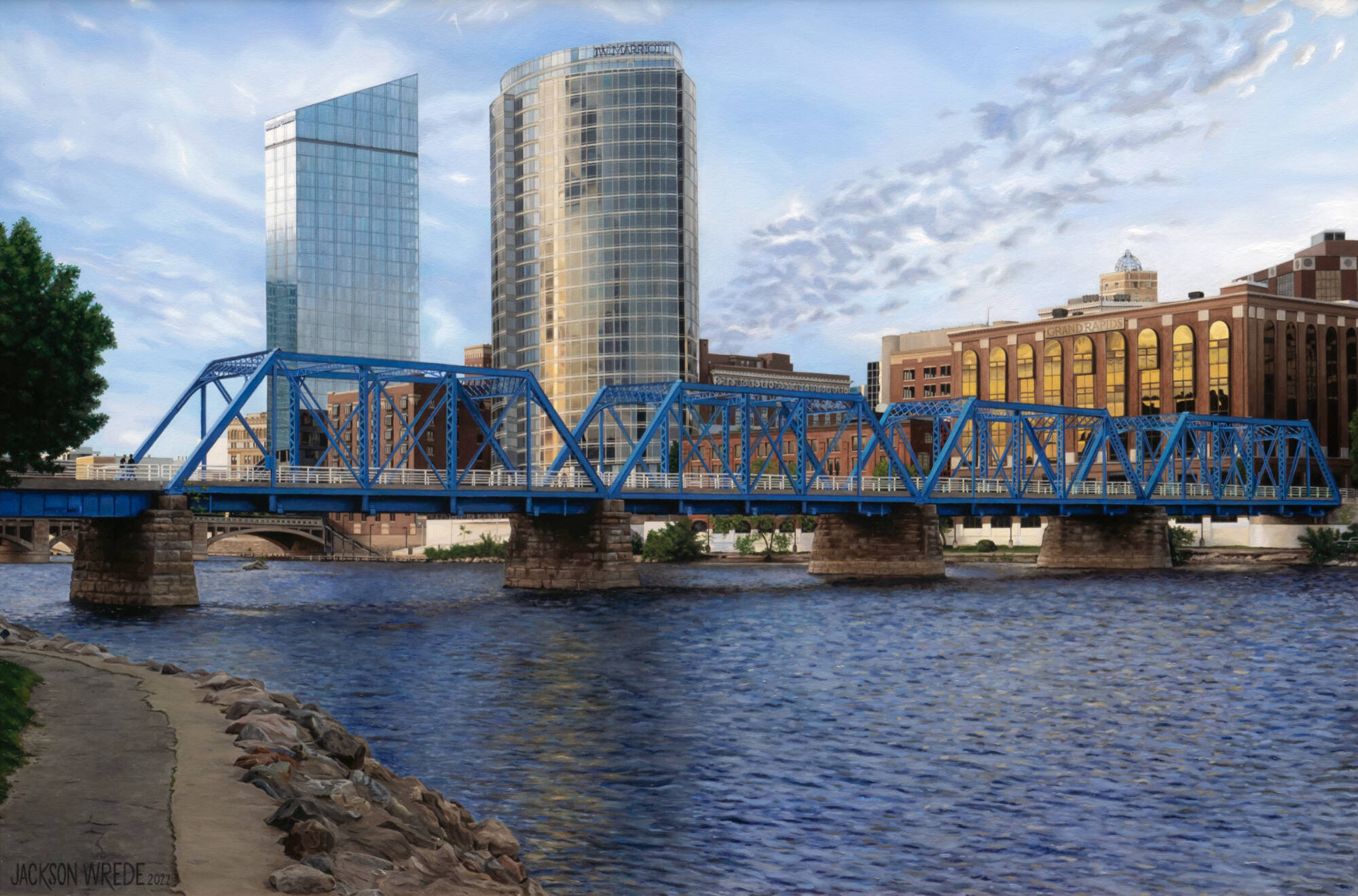 Hyper realistic painted cityscape of Grand Rapids with the Blue Bridge.